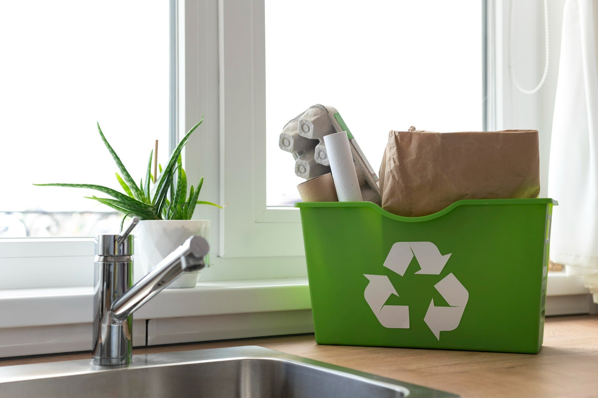 green recycling bin on kitchen counter showing apartment recycling initiatives